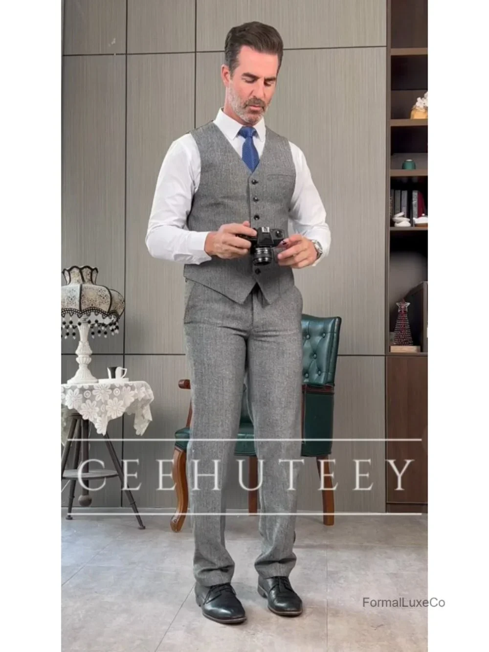 Men's Tweed Herringbone 3 Piece Suit Wedding Prom Tuxedo Peak Lapel